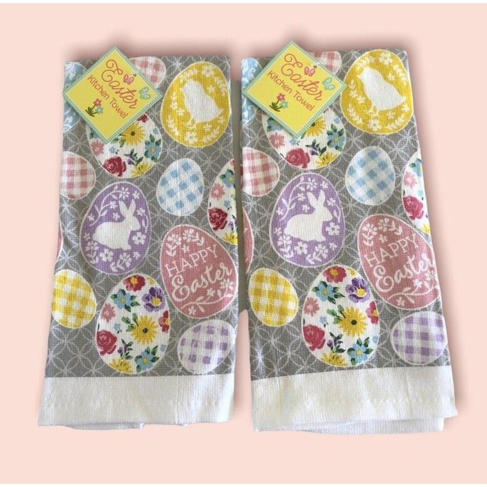 Happy Easter Kitchen Dish Towels Spring Eggs Bunny Chick 100% Cotton Set of 2